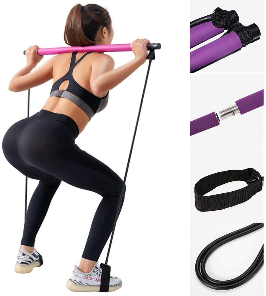 Portable Pilates Bar Kit with Resistance Band Exercise Stick | Yoga Pilates Reformer Resistance Band Toning Bar Stick | Yoga Exercise Bar with Foot Loop